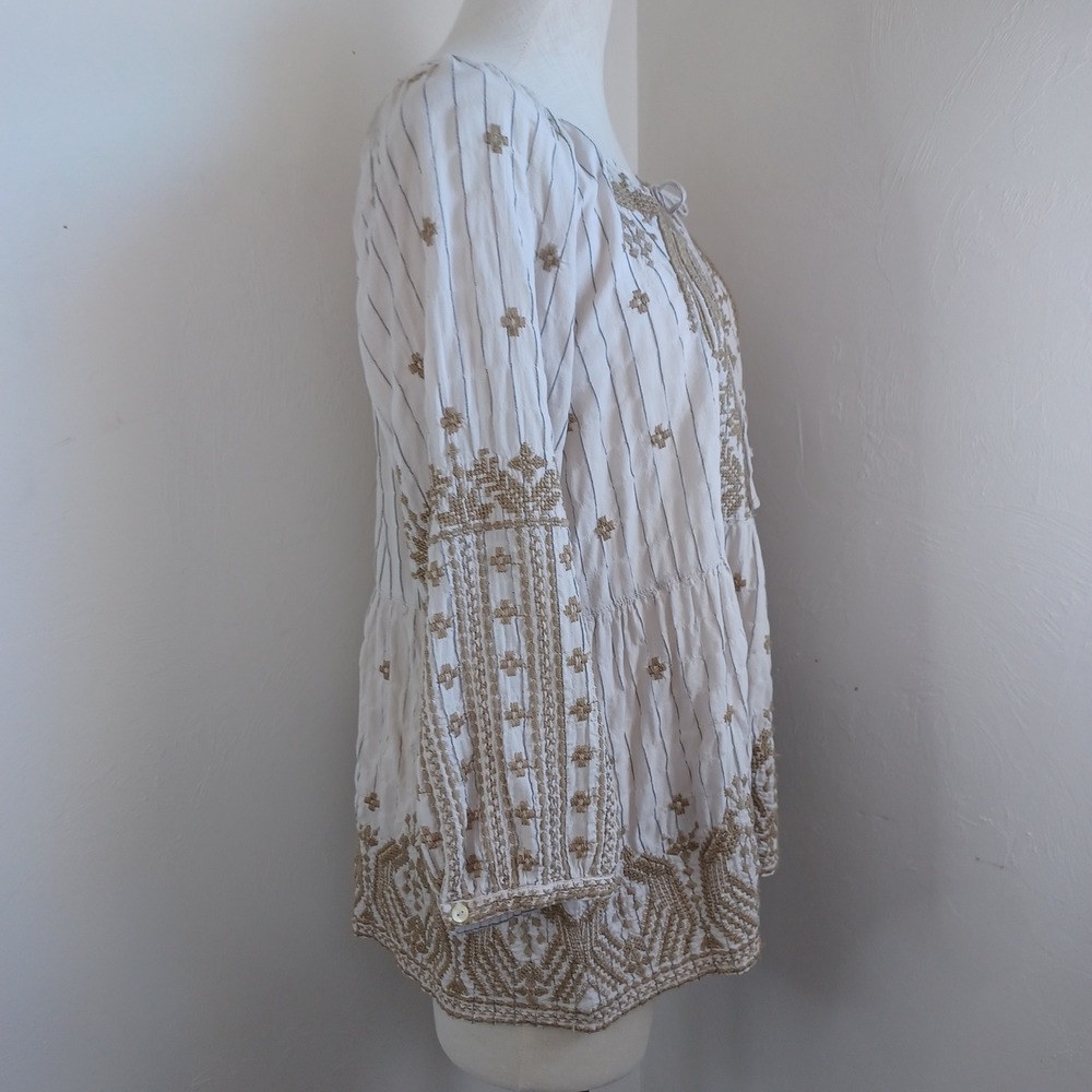 Johnny Was Workshop Embroidered Pinstripe Peasant Blouse Cream Tan Sz L - Picture 10 of 12